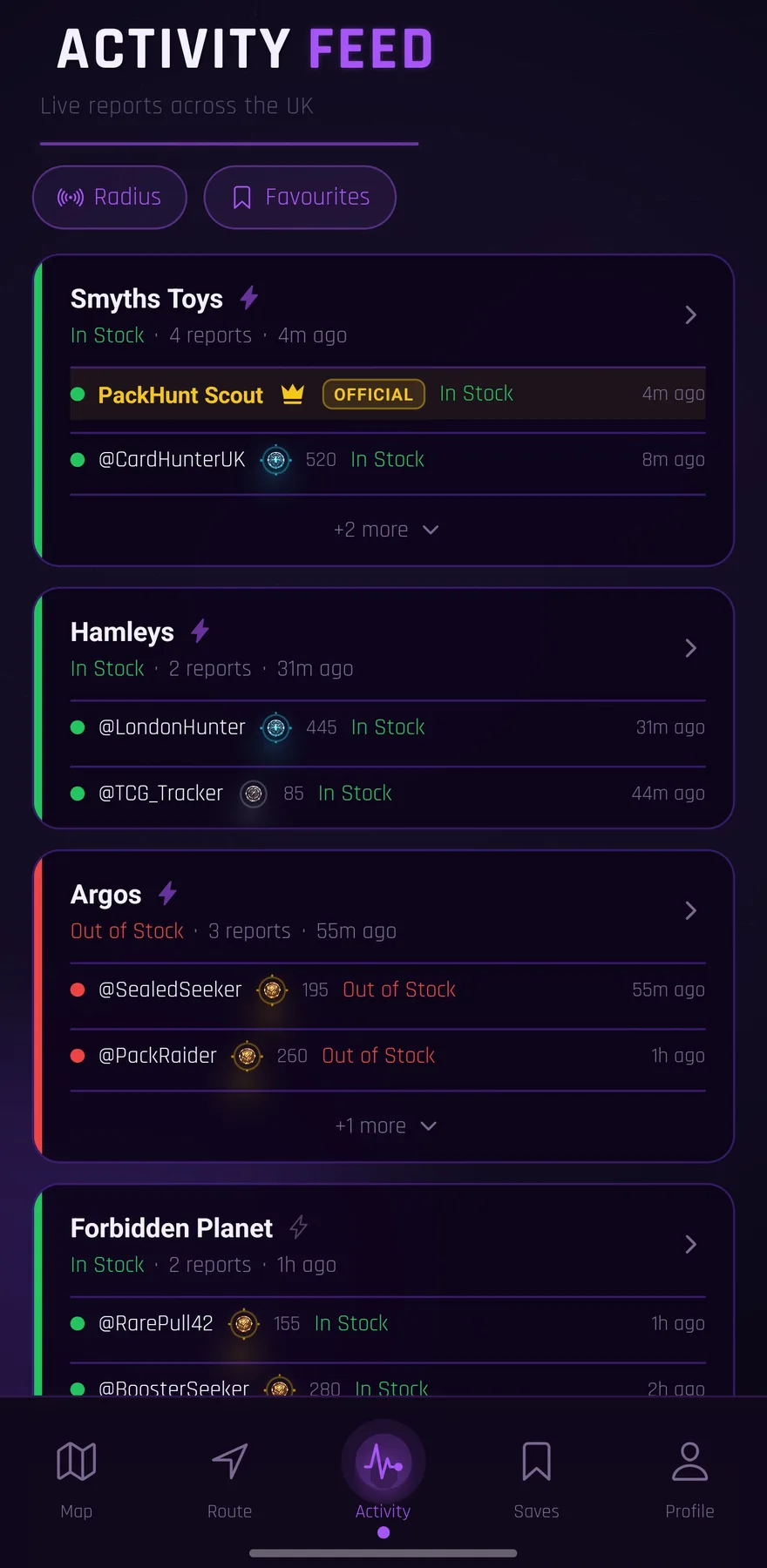 PackHunt activity feed listing live community stock reports across UK stores