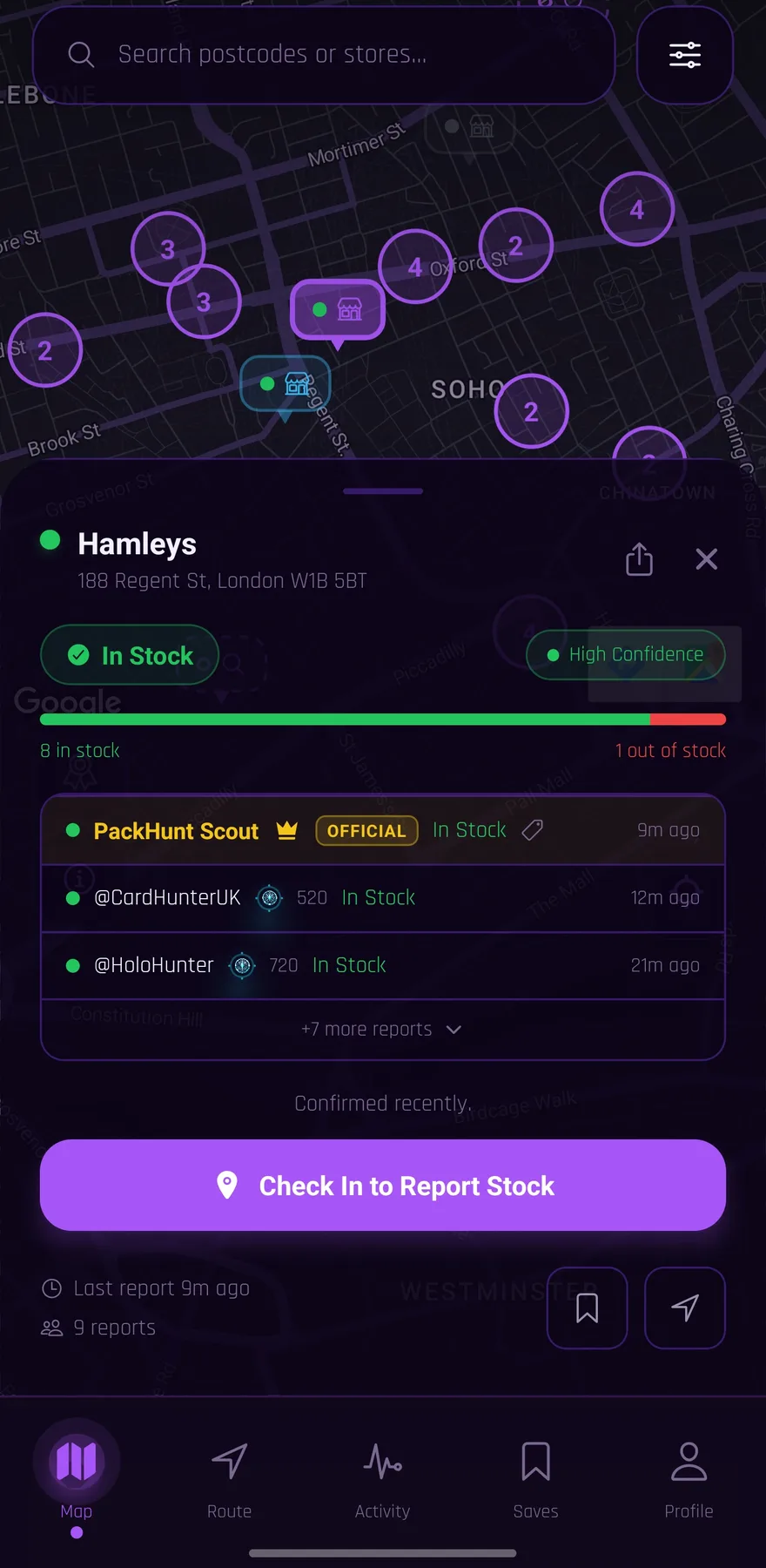 PackHunt app map showing live in-stock trading card reports at nearby stores