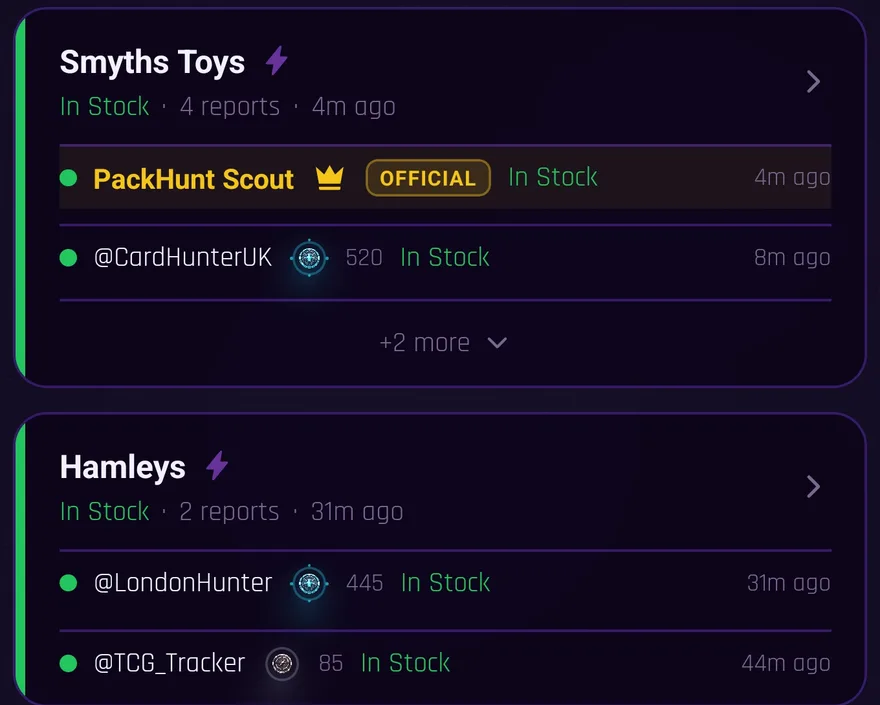 PackHunt activity feed with live in-stock reports for Smyths Toys and Hamleys, including an official scout report