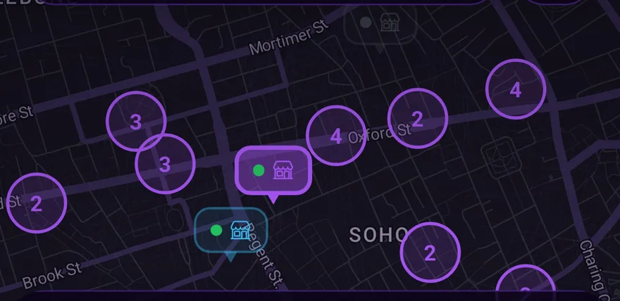 PackHunt map showing numbered store clusters and in-stock pins around Soho, London